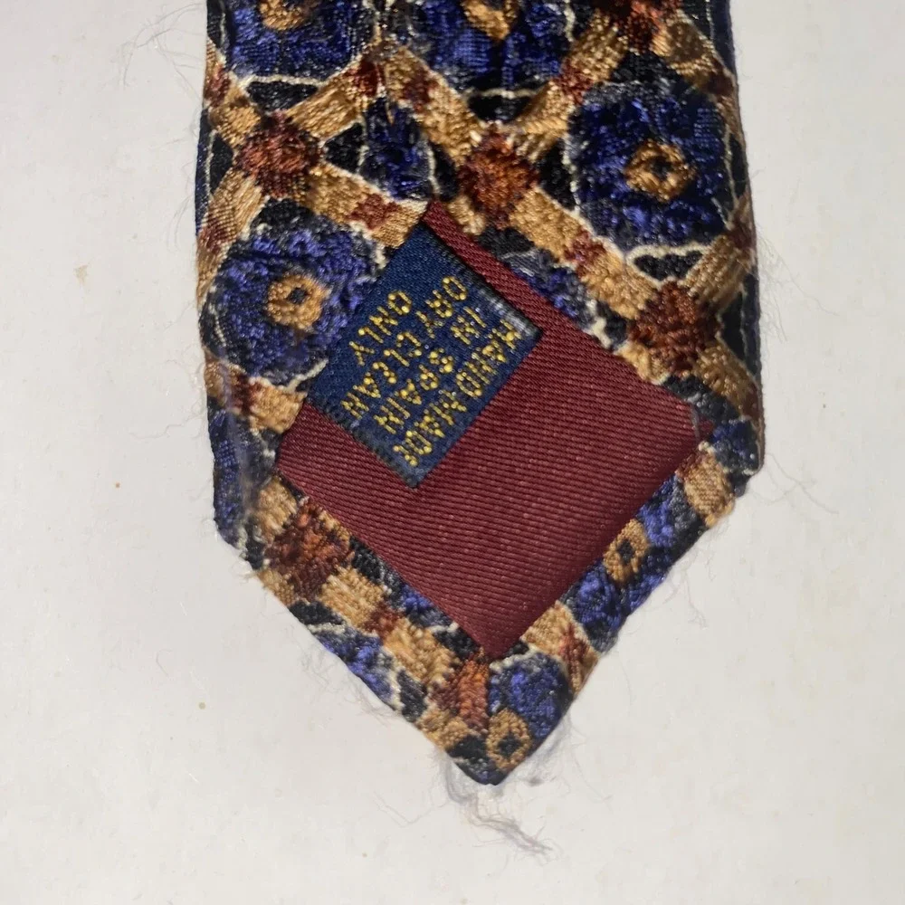 RICHEL Hand Made in Spain Men's Necktie Blue‎ Brown Geometric Pattern